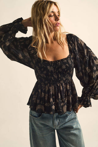 Midnight Garden Smocked Top-Blouse-Promesa USA-Summit Lane Boutique, Women's Apparel and Gifts located in Grand Rapids, MI