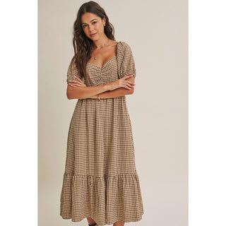 Maple Field Ruched Babydoll Plaid Smocked Midi-Dresses-in february-Summit Lane Boutique, Women's Apparel and Gifts located in Grand Rapids, MI