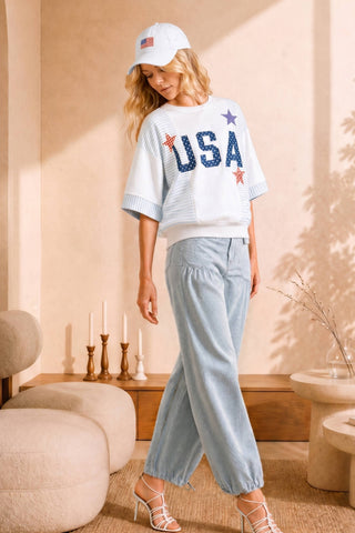 USA Star Patchwork Oversized S/S Sweatshirt-Short Sleeves-Main Strip-Summit Lane Boutique, Women's Apparel and Gifts located in Grand Rapids, MI