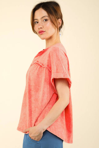 Split Neck Washed Knit Top-Short Sleeves-VERY J-Summit Lane Boutique, Women's Apparel and Gifts located in Grand Rapids, MI