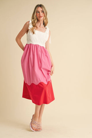 SCALLOPED COLOR BLOCK MIDI DRESS-Dresses-&MERCI-Summit Lane Boutique, Women's Apparel and Gifts located in Grand Rapids, MI