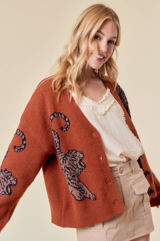 TIGER PRINTED SWEATER CARDIGAN-Cardigans-Doe and Rae-Summit Lane Boutique, Women's Apparel and Gifts located in Grand Rapids, MI