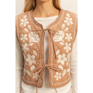 Floral Embroidered Quilted Vest with Tie Front-Vest-HYFVE-Summit Lane Boutique, Women's Apparel and Gifts located in Grand Rapids, MI