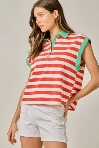 Portside Stripe Polo Tee-Short Sleeves-Mystree-Summit Lane Boutique, Women's Apparel and Gifts located in Grand Rapids, MI