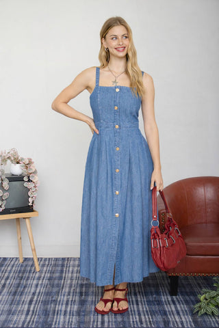 LIGHT DENIM SLEEVELESS BUTTON DOWN MIDI DRESS-Blu Pepper-Summit Lane Boutique, Women's Apparel and Gifts located in Grand Rapids, MI