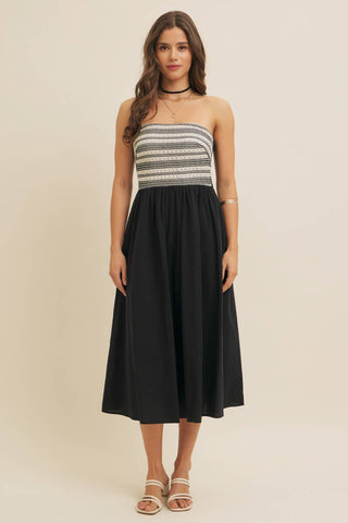 Avenue Mixed Media Strapless Dress-Dresses-in february-Summit Lane Boutique, Women's Apparel and Gifts located in Grand Rapids, MI