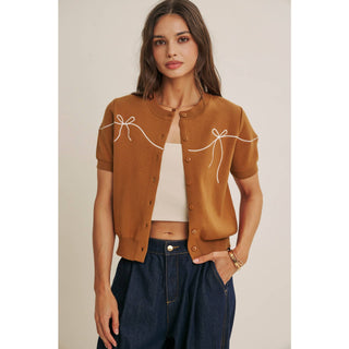 FRENCH MORNING BOW EMBROIDERED BUTTON-DOWN COTTON CARDIGAN-Cardigans-in february-Summit Lane Boutique, Women's Apparel and Gifts located in Grand Rapids, MI