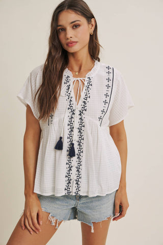 Island Morning Embroidered Top-Short Sleeves-in february-Summit Lane Boutique, Women's Apparel and Gifts located in Grand Rapids, MI