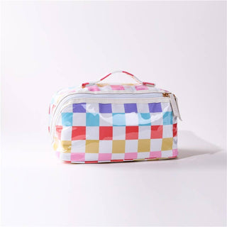 CHECKER STRIPED OPEN FLAT COSMETIC MAKEUP POUCH-Cosmetic Bags-JOSSLYN by wall to wall-Summit Lane Boutique, Women's Apparel and Gifts located in Grand Rapids, MI