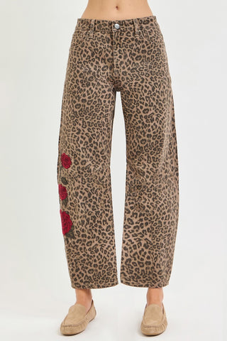 Rose Rebel Leopard Barrel Jeans-Jeans-Risen-Summit Lane Boutique, Women's Apparel and Gifts located in Grand Rapids, MI