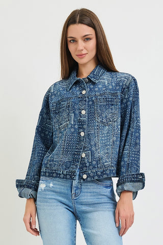 Bandana Print Denim Jacket-Jackets-Risen-Summit Lane Boutique, Women's Apparel and Gifts located in Grand Rapids, MI