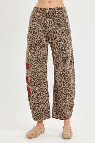 Rose Rebel Leopard Barrel Jeans-Jeans-Risen-Summit Lane Boutique, Women's Apparel and Gifts located in Grand Rapids, MI