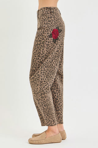Rose Rebel Leopard Barrel Jeans-Jeans-Risen-Summit Lane Boutique, Women's Apparel and Gifts located in Grand Rapids, MI