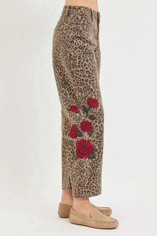 Rose Rebel Leopard Barrel Jeans-Jeans-Risen-Summit Lane Boutique, Women's Apparel and Gifts located in Grand Rapids, MI