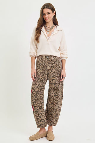 Rose Rebel Leopard Barrel Jeans-Jeans-Risen-Summit Lane Boutique, Women's Apparel and Gifts located in Grand Rapids, MI